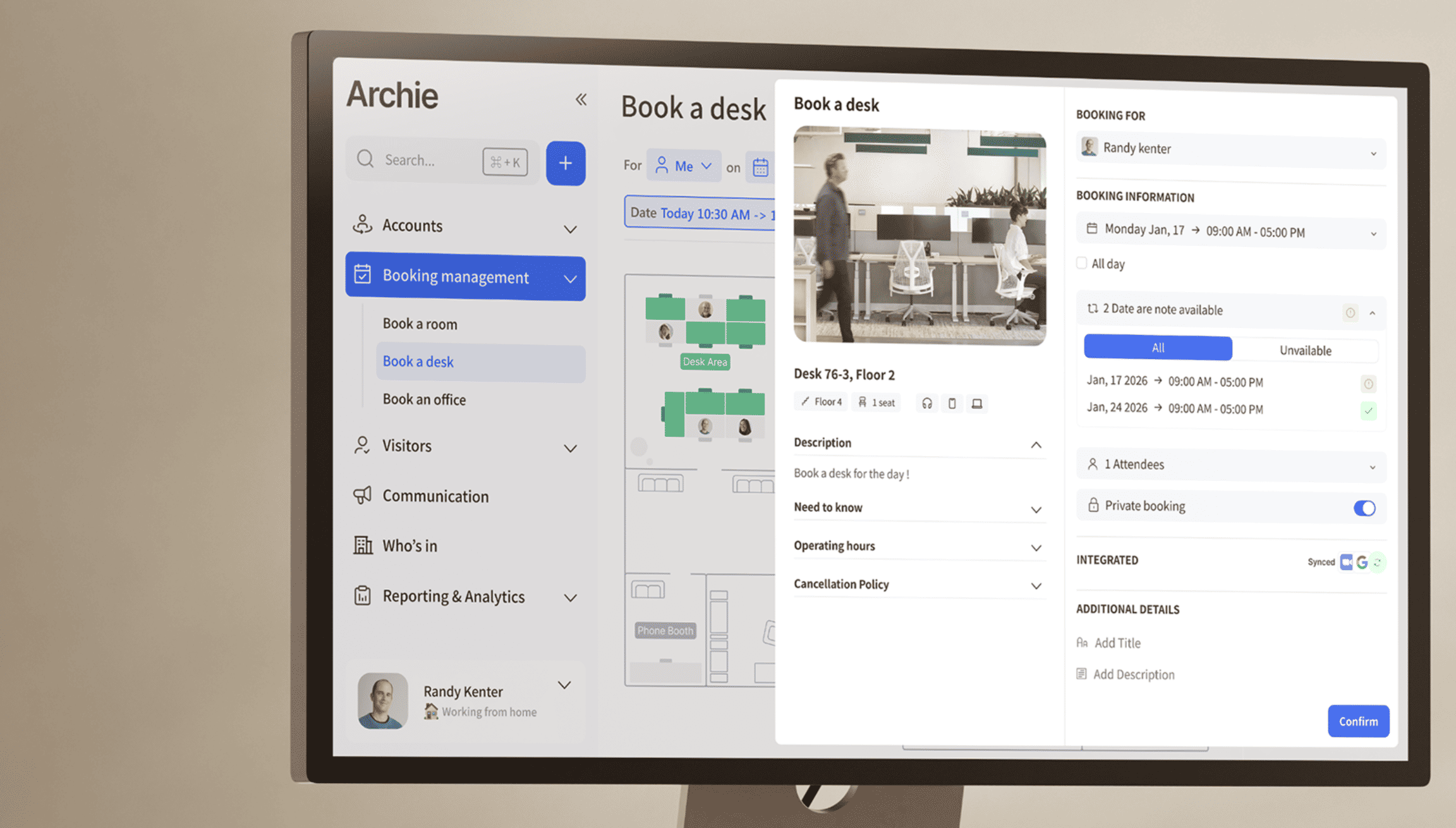 Close-up of a computer screen displaying Archie’s desk booking software, with a desk reservation form and interactive floor plan.