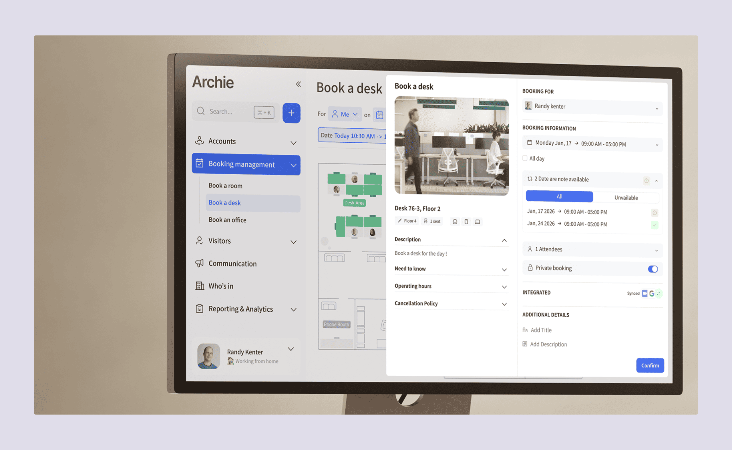 Close-up of a computer screen displaying Archie’s desk booking software, with a desk reservation form and interactive floor plan.