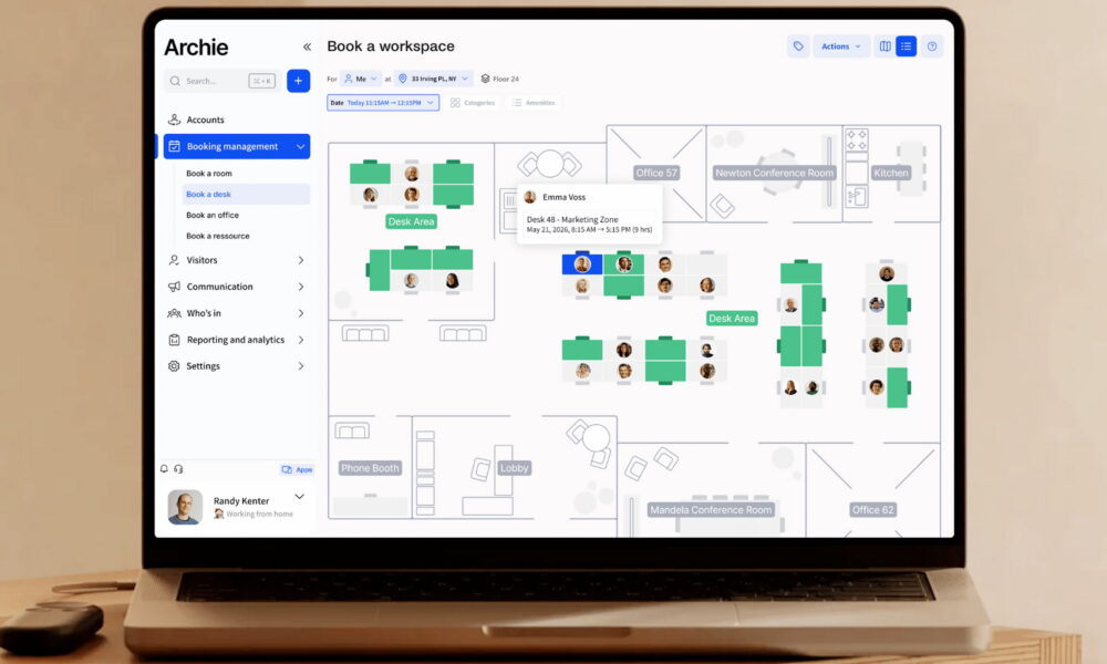 Panel de control del software de oficina híbrida Archie con plano interactivo de la planta e reserva de puestos de trabajo.
