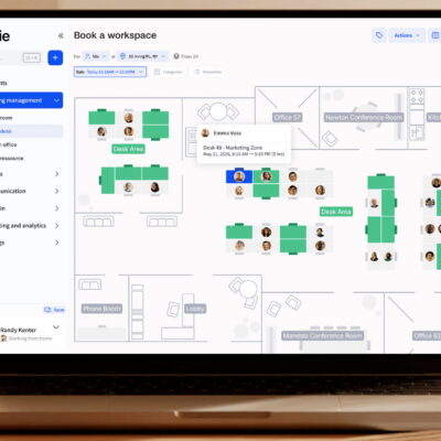 Archie hybrid office software dashboard with interactive floor plan and desk booking interface.