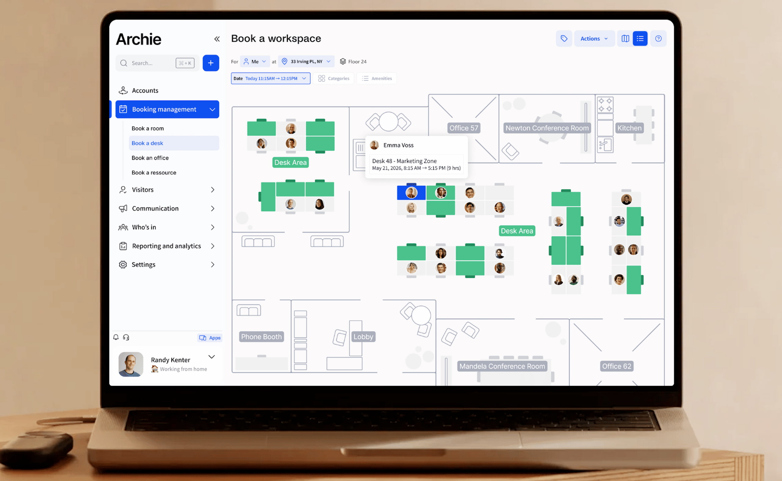 10 Best Hybrid Workspace Management Software: 2026 Review Tableau de bord du logiciel de gestion de bureaux hybride Archie, avec plan d'étage interactif et réservation de bureaux.
