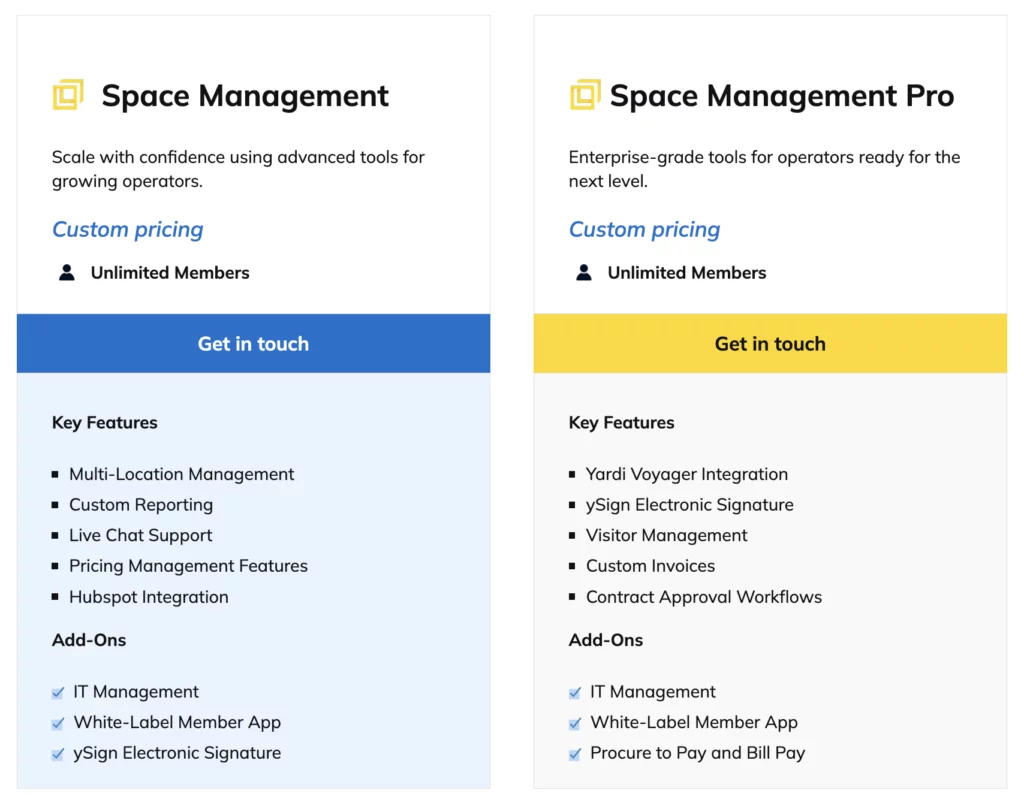 Yardi Kube - coworking pricing plans.