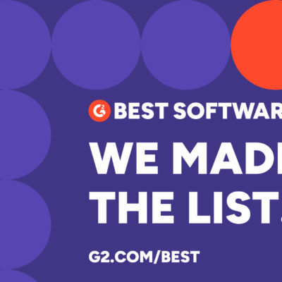 Graphic with purple background and orange circles reading Best G2 Software 2026 We Made the List.