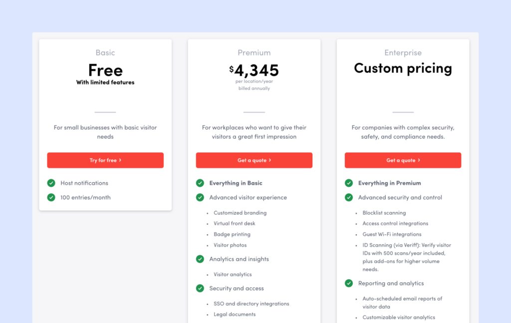 Envoy Visitors - Pricing plans.