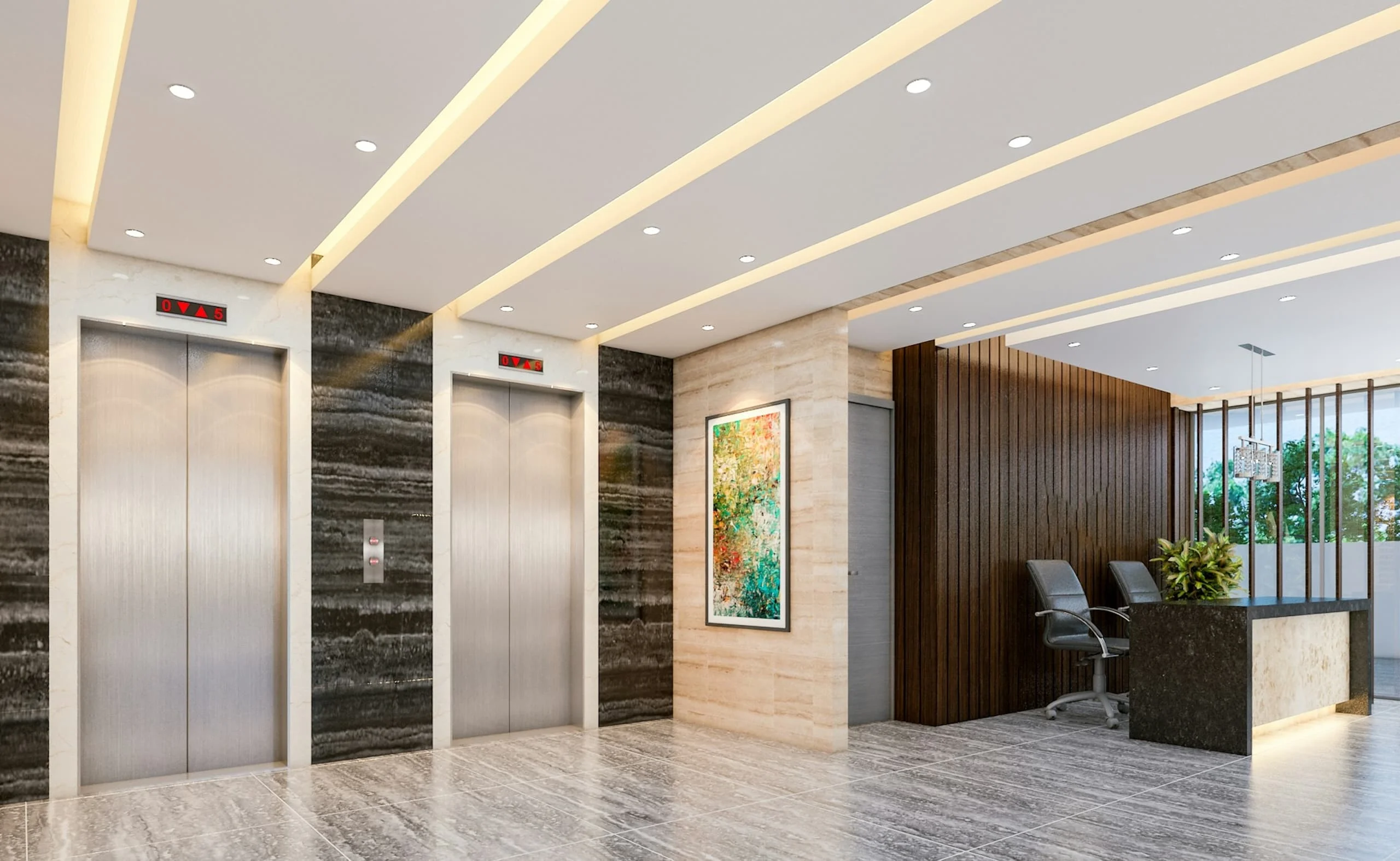 Corporate office lobby with elevator doors and reception desk area.