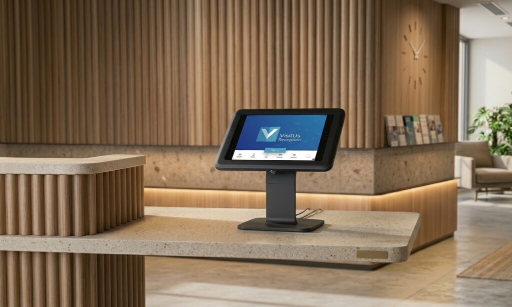 VisitUs - visitor kiosk app mockup.