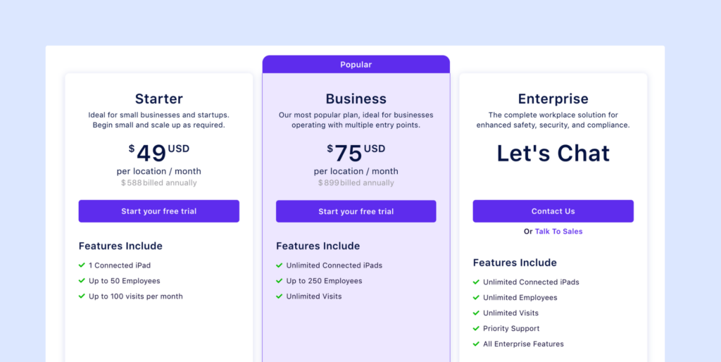 Visitly Pricing plans.
