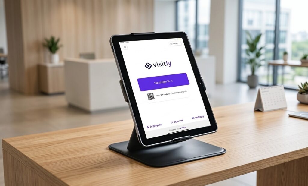 Visitly - visitor kiosk app mockup.