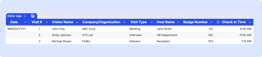 Plantilla de modelo de registro de visitantes.