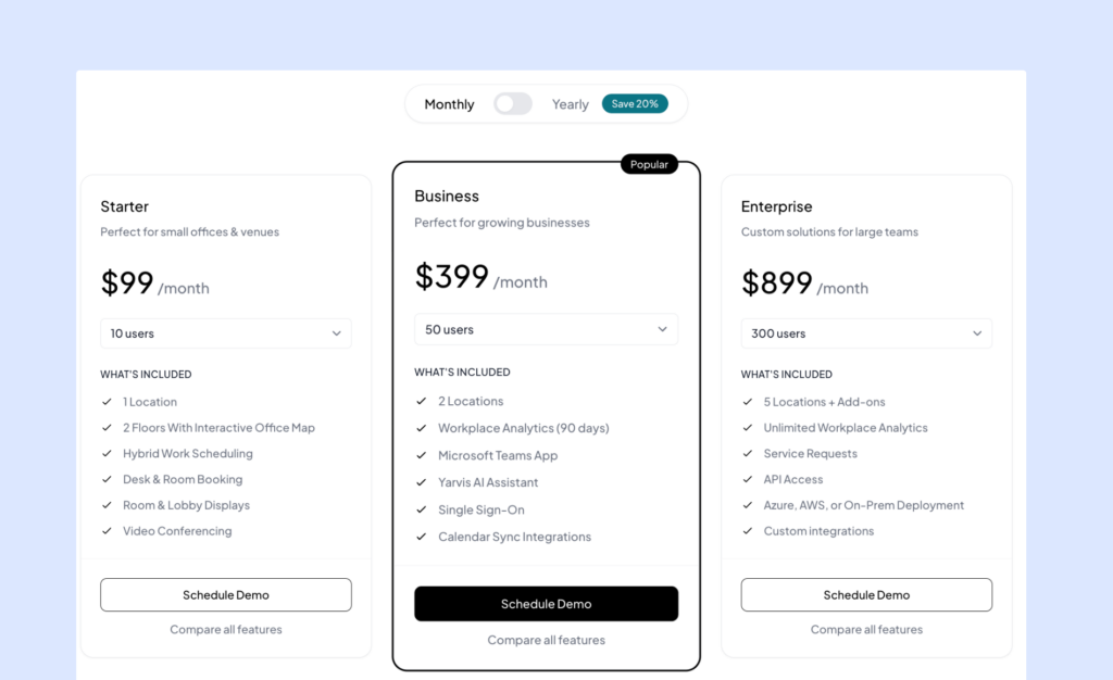 YAROOMS - pricing plans.