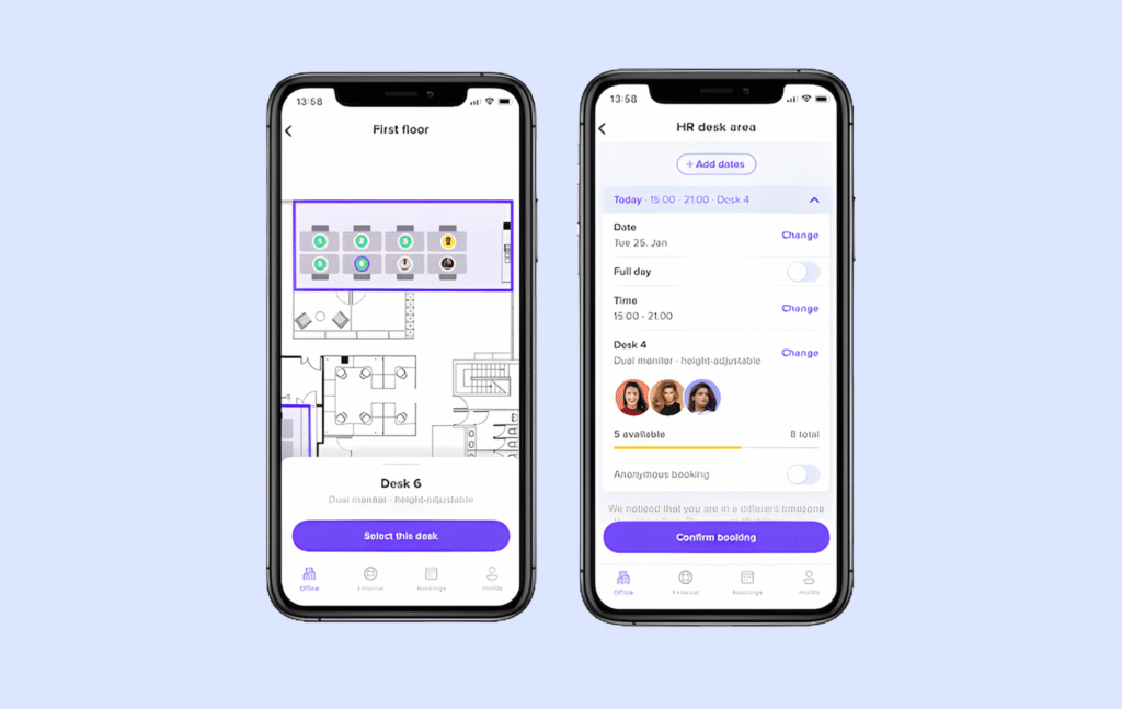deskbird mobile app views.