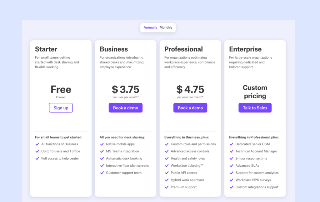 deskbird - pricing plans.