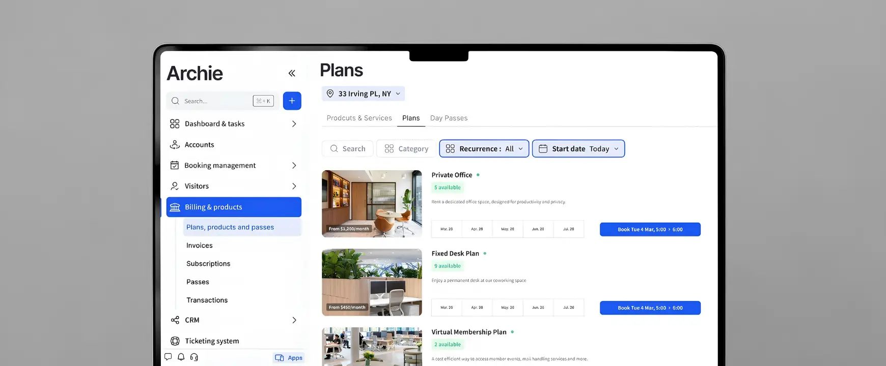 Archie coworking space management software showing membership plans, subscriptions, day passes, billing, and product management from a single dashboard.