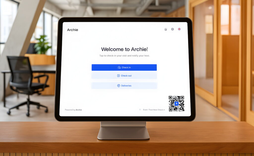 Tablette affichant l'écran d'enregistrement des visiteurs d'Archie, avec des options pour s'enregistrer, quitter les lieux et gérer les livraisons.