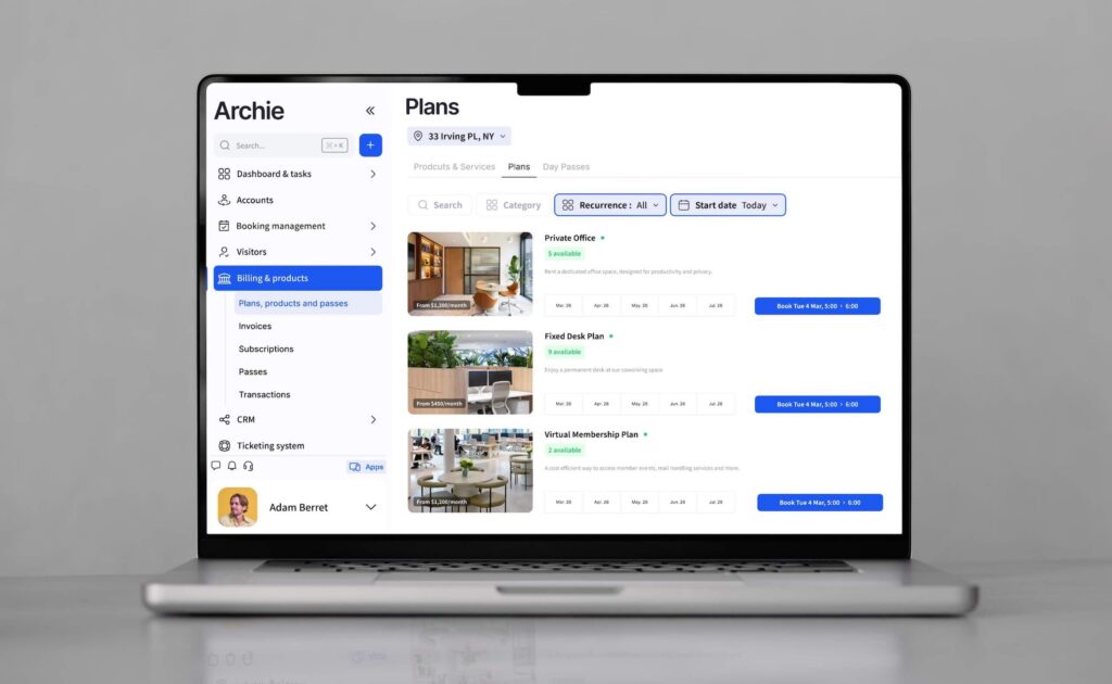 Laptop displaying Archie’s coworking software dashboard with plans, billing, and membership options.