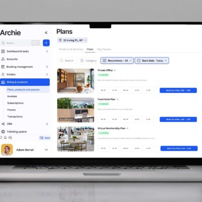 Laptop displaying Archie’s coworking software dashboard with plans, billing, and membership options.