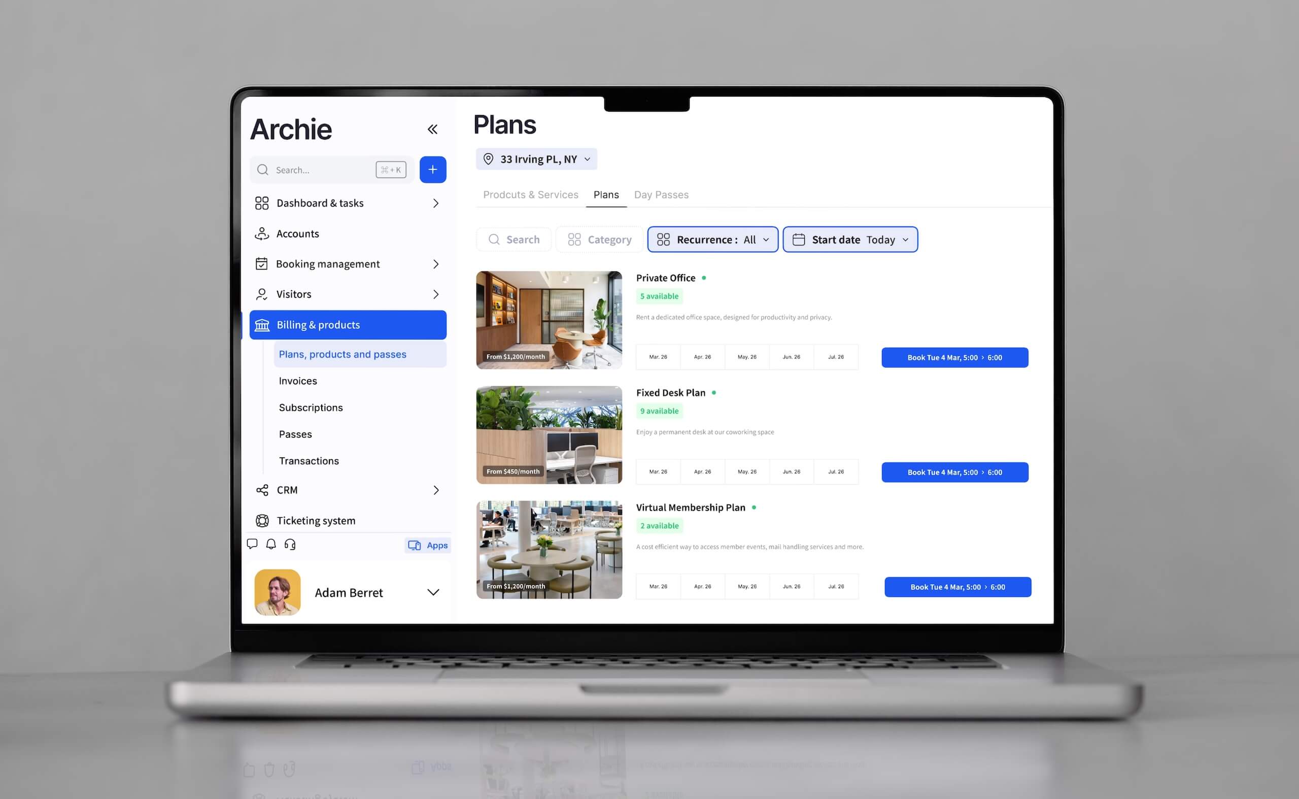 Laptop displaying Archie’s coworking software dashboard with plans, billing, and membership options.