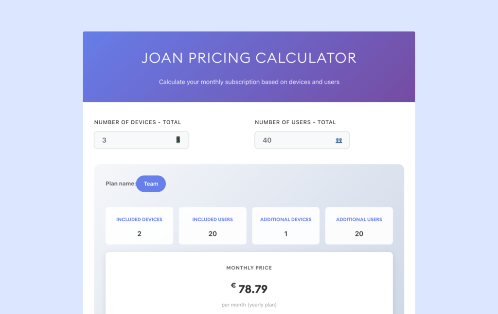 Joan - pricing calculator.