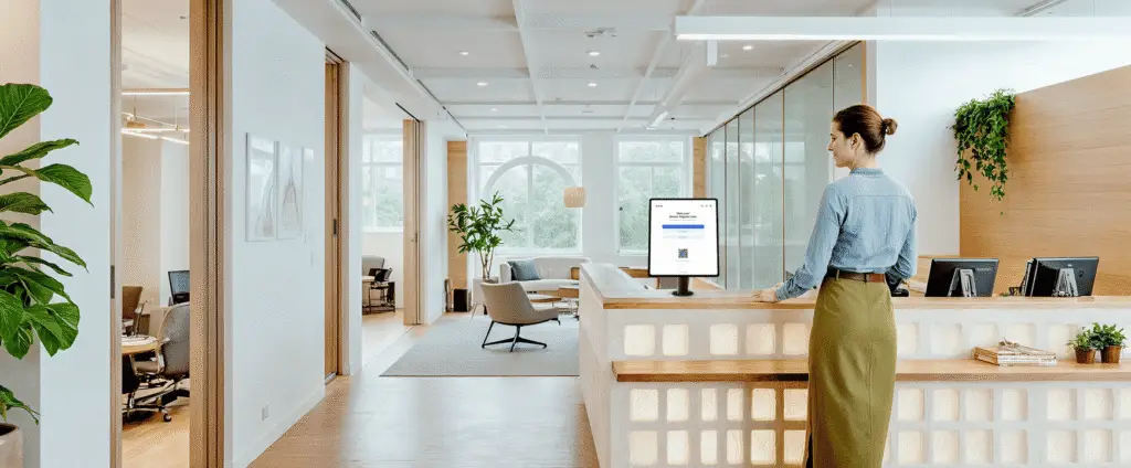 Modern office reception area with a visitor management kiosk at the front desk and a guest checking in.