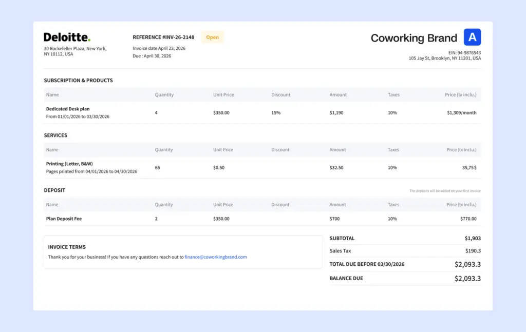 Archie Coworking - invoice with printing add-ons.