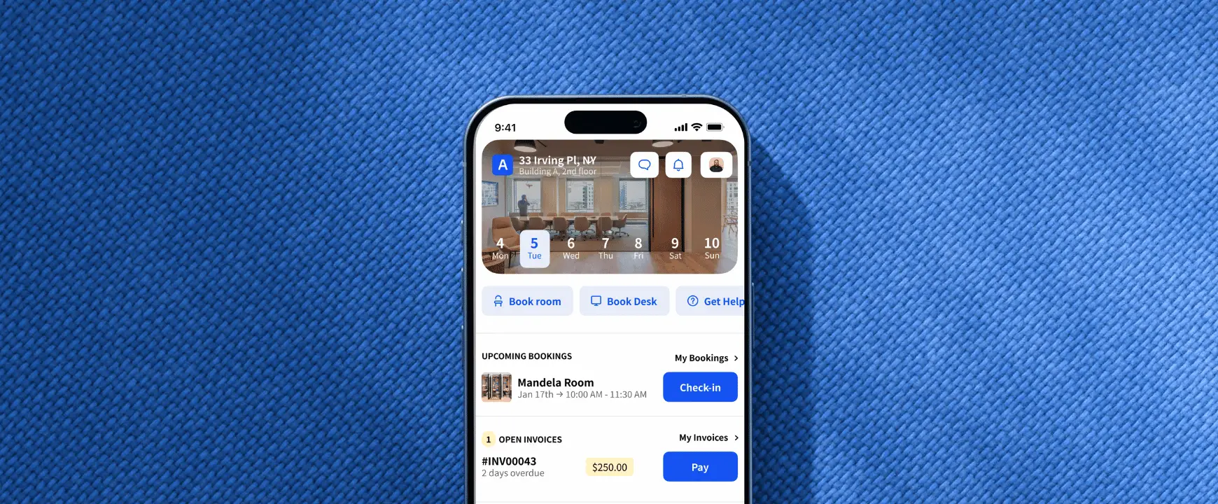 Archie mobile app home screen showing room booking, desk booking, check-ins, upcoming reservations, and invoices on a smartphone.