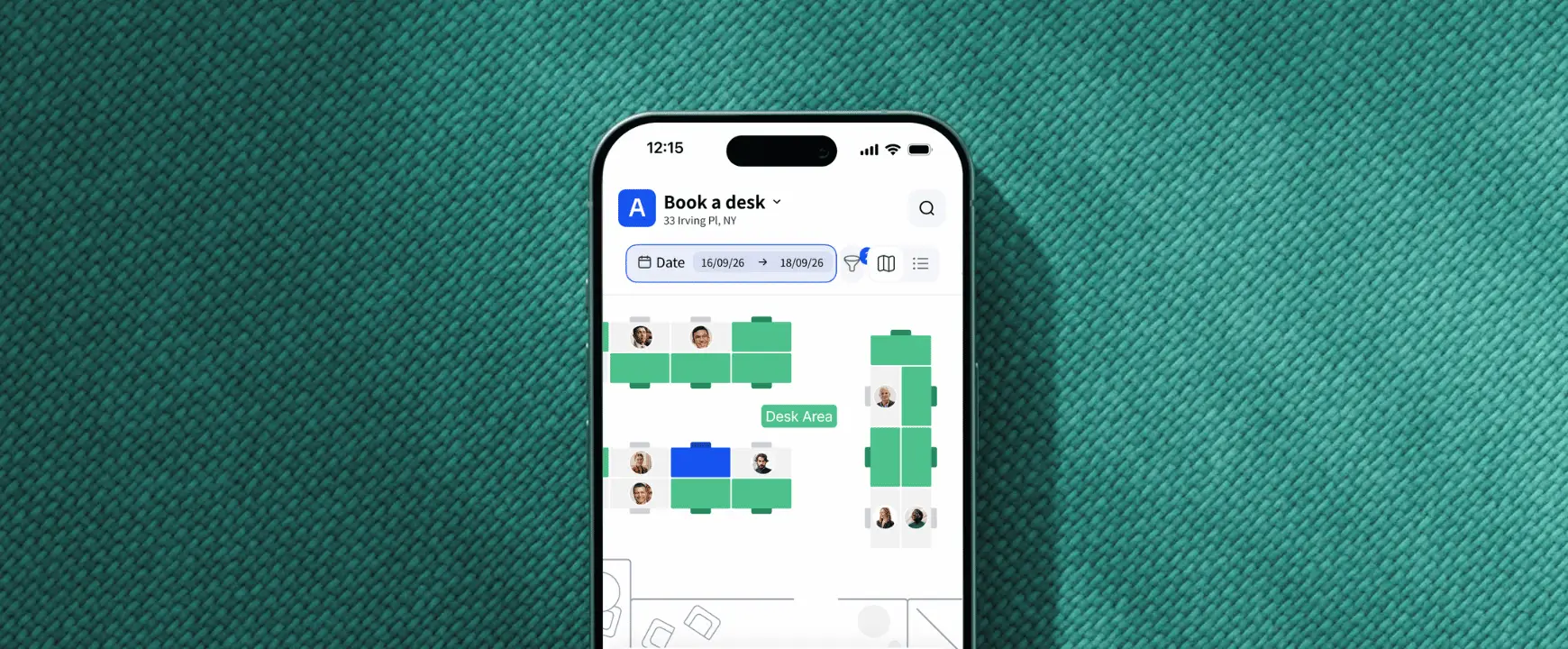 Smartphone displaying Archie’s desk booking software with an office map and workspace selection screen on a textured green background.