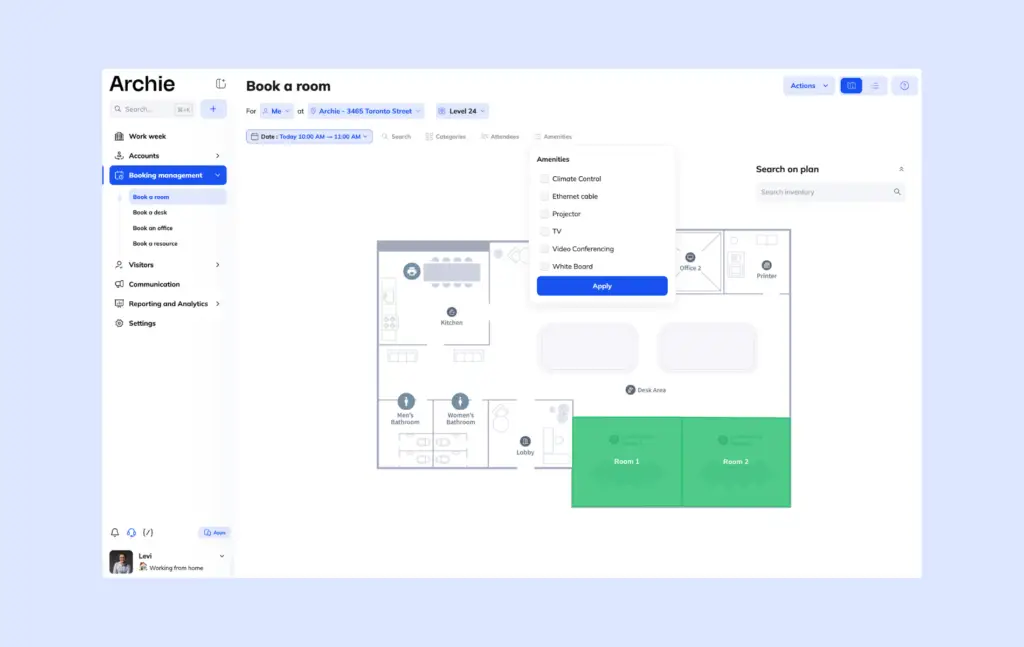 Archie meeting room booking features - amenity filtering.