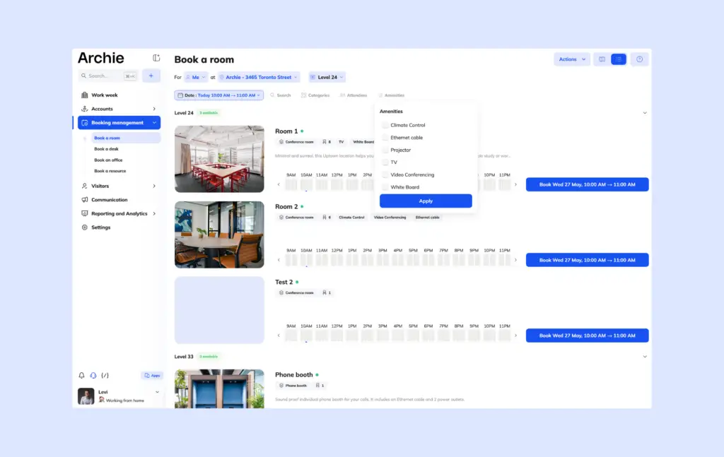 Archie meeting room booking features - amenity filtering from a list view.