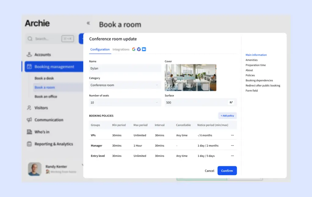 Archie - room booking settings.