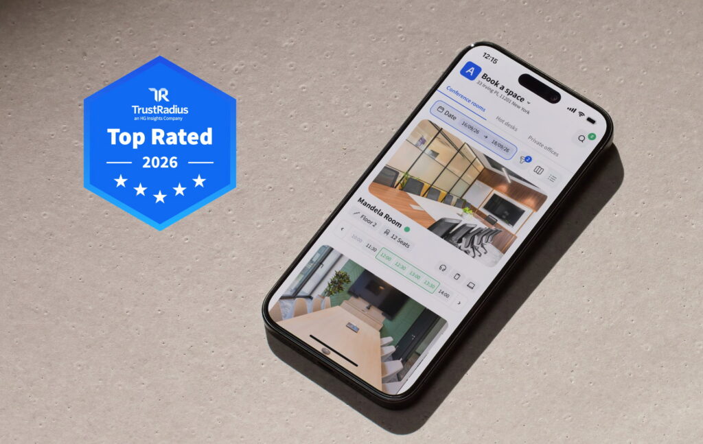 Archie’s mobile workspace booking app displayed alongside its 2026 TrustRadius Top Rated award for workplace management software.