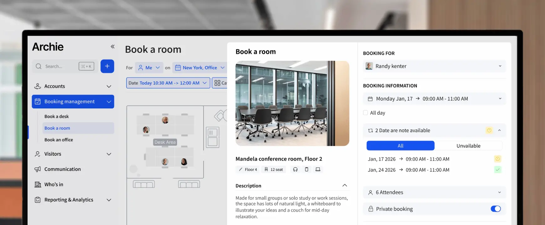 Archie's multi-tenant booking software with an interactive office floor plan, room availability, team neighborhoods, and workspace reservations.