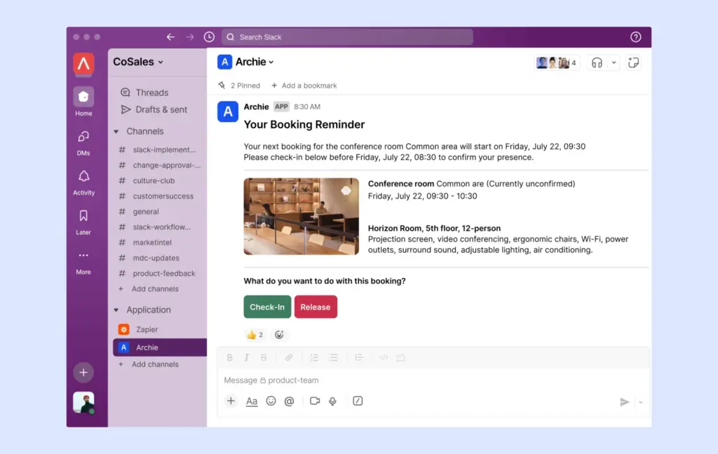 Room booking notifications in Slack - Archie integration.