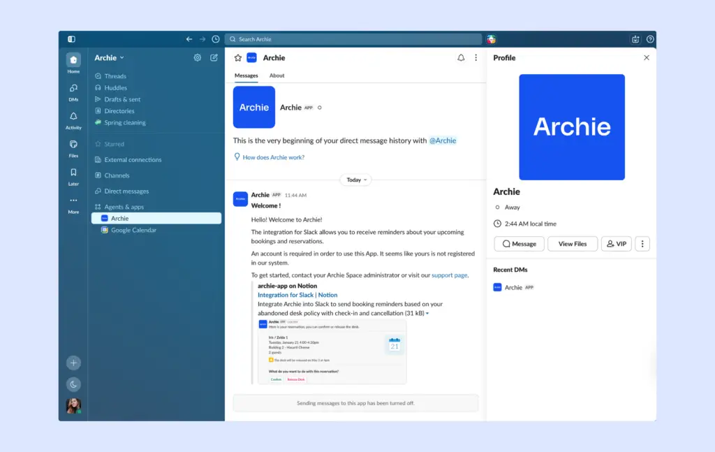 Slack - Archie integration in use.
