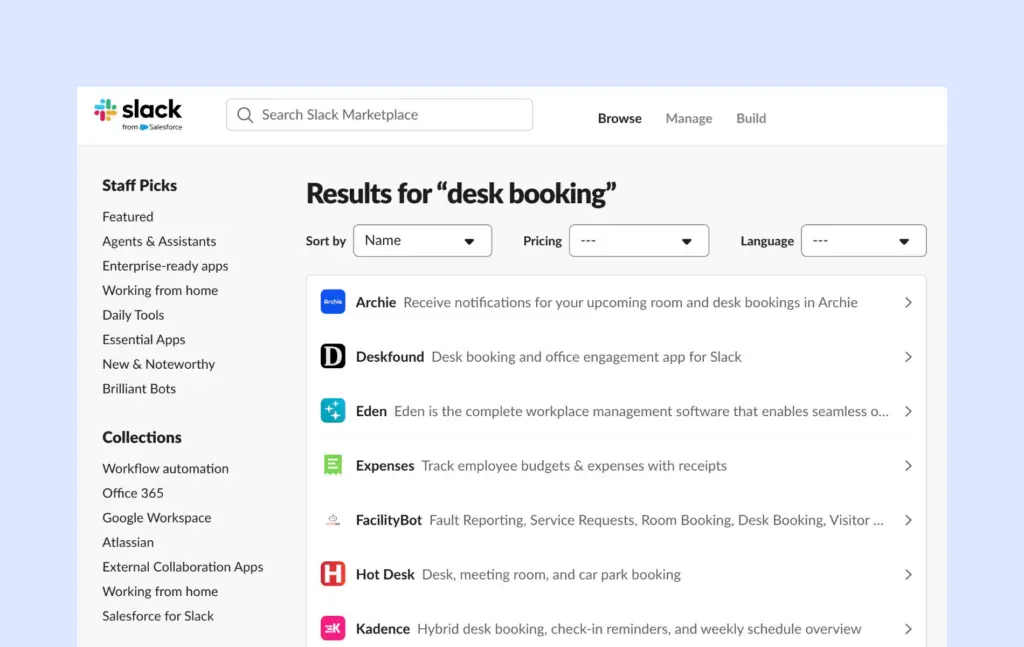 Slack Marketplace - desk booking apps.