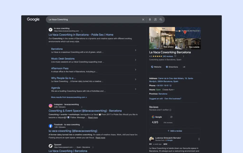Coworking space marketing example - local SEO results for La Vaca Coworking.