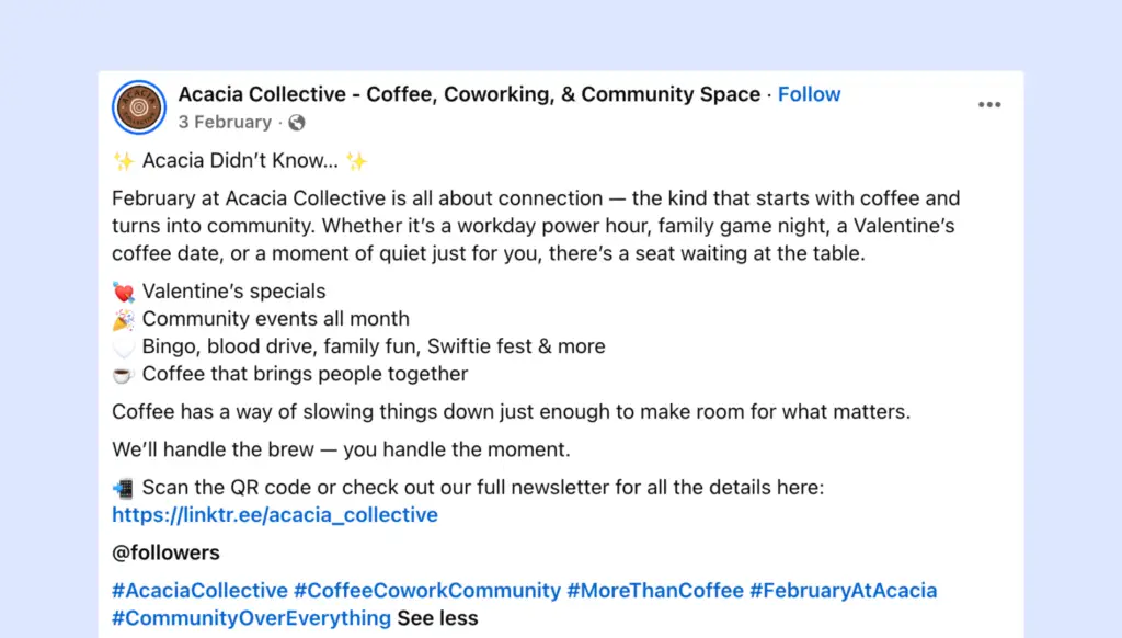 Coworking space marketing example - social media & newsletters from Acacia Collective.