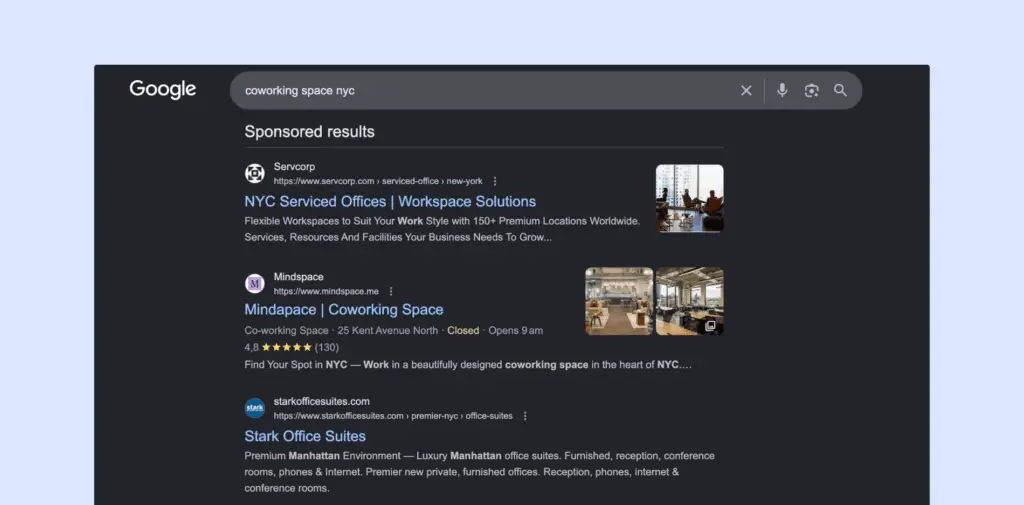 Coworking space marketing example - sponsored results in Google.