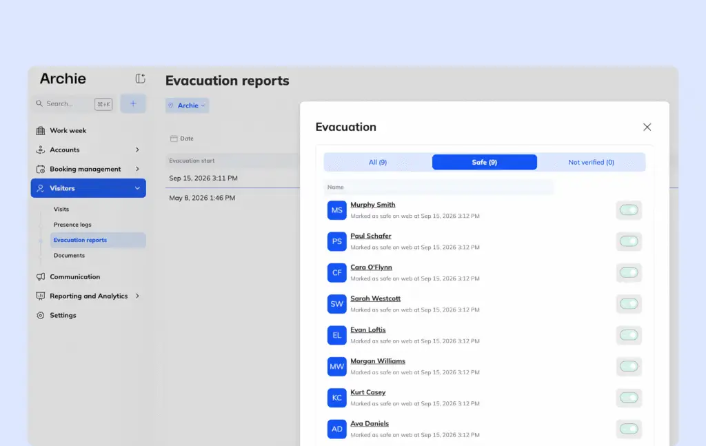 Archie evacuation report with visitors marked safe.